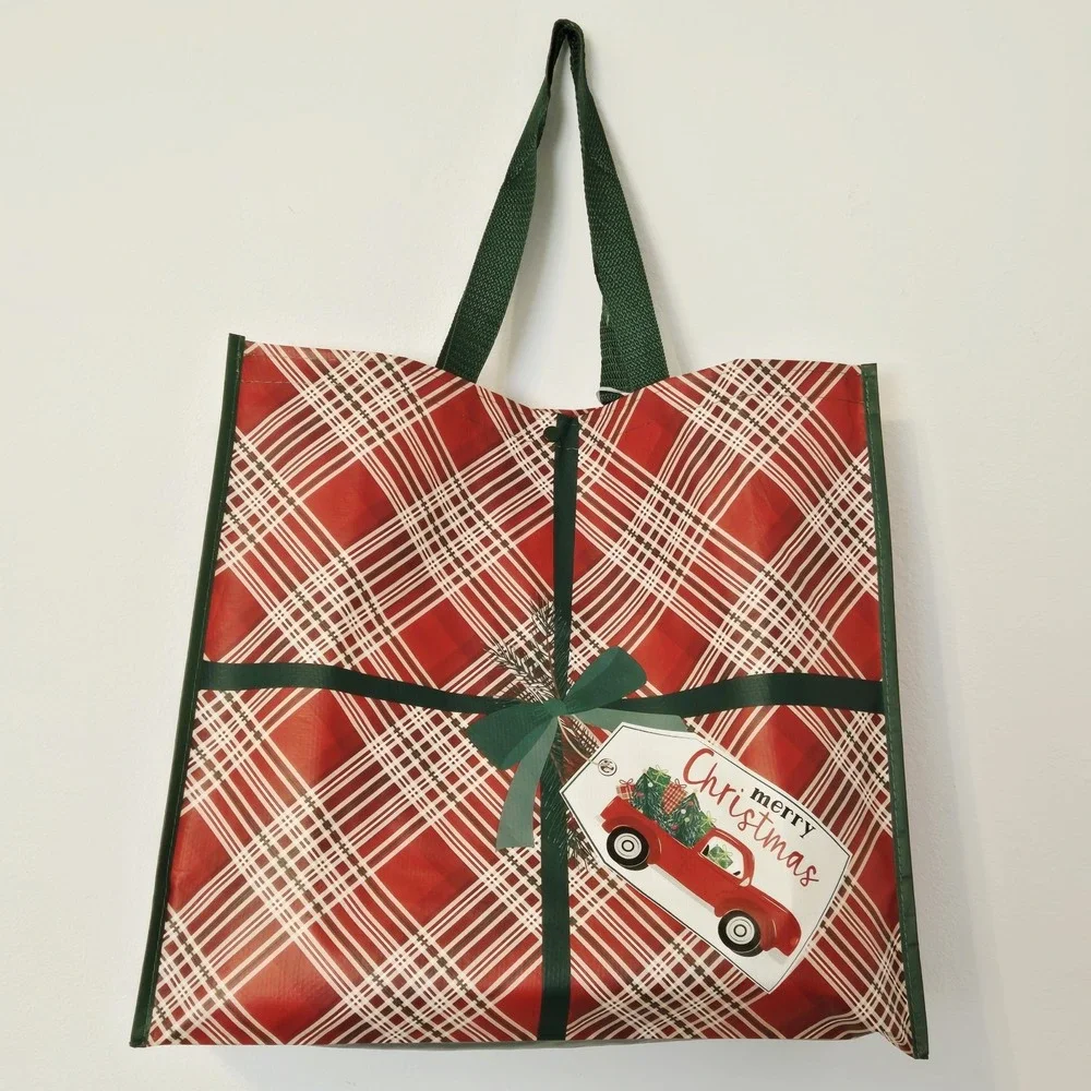 Christmas Tag Plaid Red Truck Presents Tree Gifts Green Bow TJMaxx Tote Bag Gift